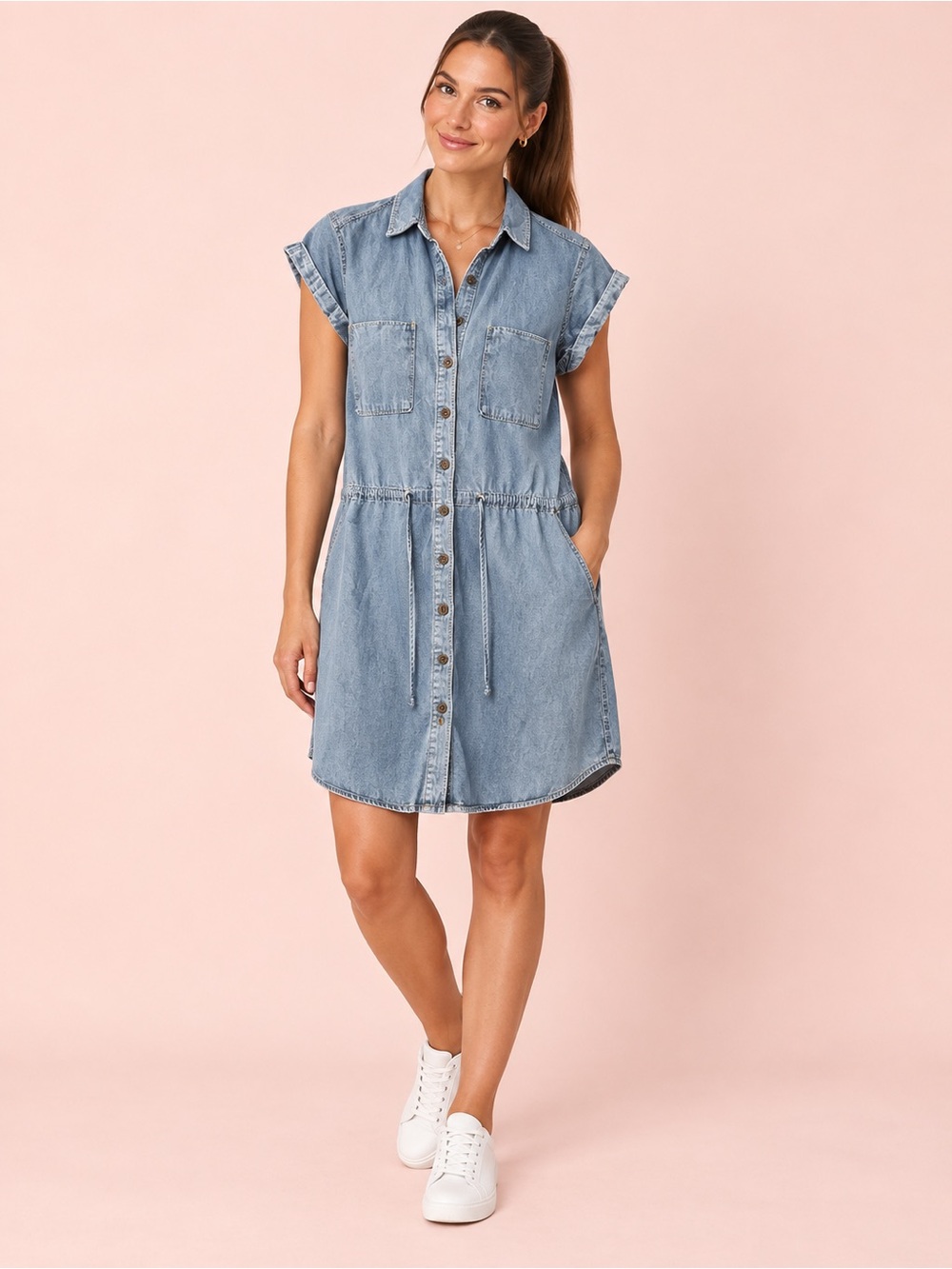 PAIGE short-sleeve light-wash 100% cotton denim shirt dress side pockets